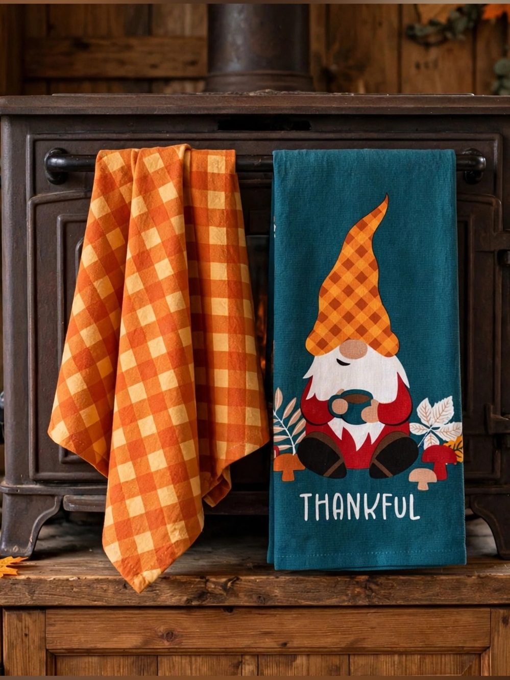 NWT Thankful Gnome Holiday Kitchen Towels Set  - Green & Orange